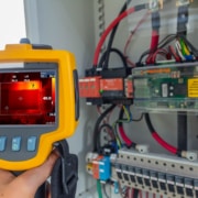 Thermoscan(thermal image camera), Industrial equipment used for checking the internal temperature of the machine for preventive maintenance, This is checking The power supply for tracking sun of solar plant.